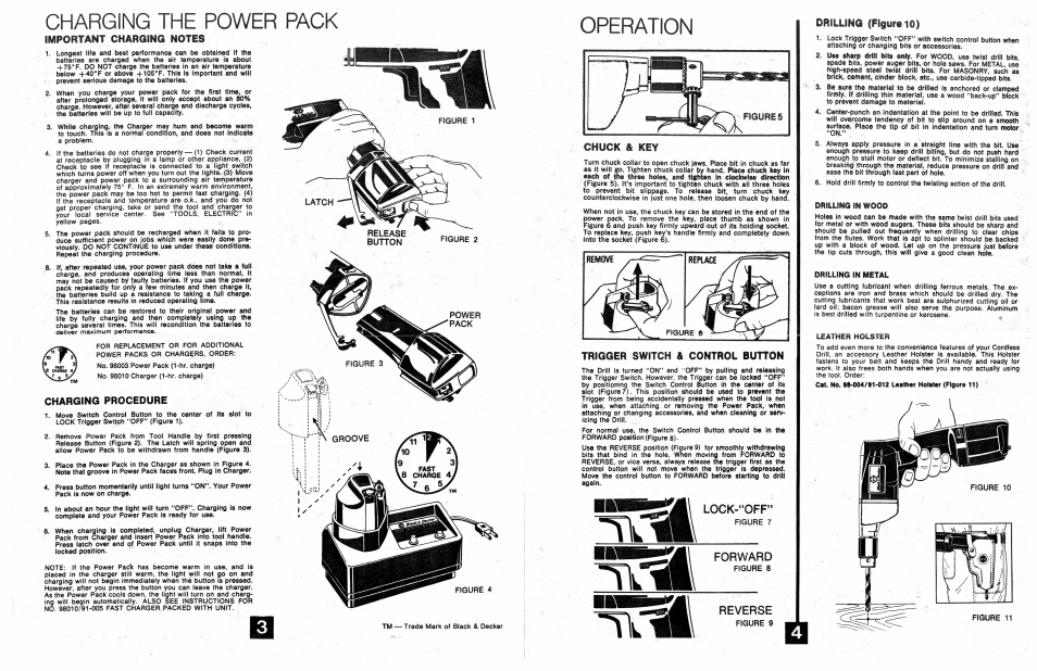 Charging procedure, Chuck & key, Trigger switch & control button | Lock-‘‘off, Forward, Reverse, Charging the power pack, Operation, Drilling (figúrelo) | Black & Decker 1941 User Manual | Page 2 / 2
