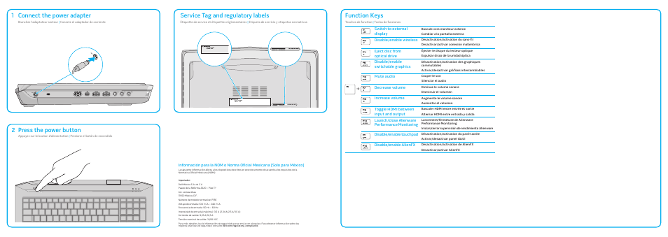 Function keys, Press the power button, 2service tag and regulatory labels | Connect the power adapter | Dell Alienware 17 (Mid 2013) User Manual | Page 2 / 2