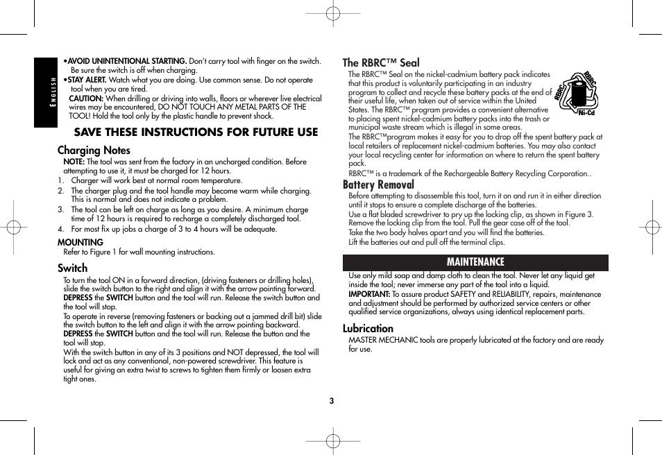 Battery removal, The rbrc™ seal, Maintenance | Lubrication, Switch | Black & Decker 386230 User Manual | Page 3 / 11