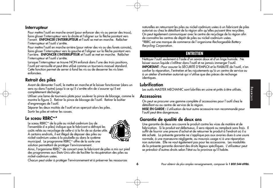 Interrupteur, Retrait des piles, Le sceau rbrc | Entretien, Lubrification, Accessoires, Garantie de qualité de deux ans | Black & Decker 386230 User Manual | Page 6 / 11