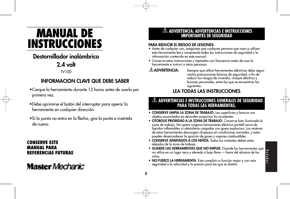 Manual de instrucciones, Destornillador inalàmbrico 2.4 volt | Black & Decker 386230 User Manual | Page 8 / 11