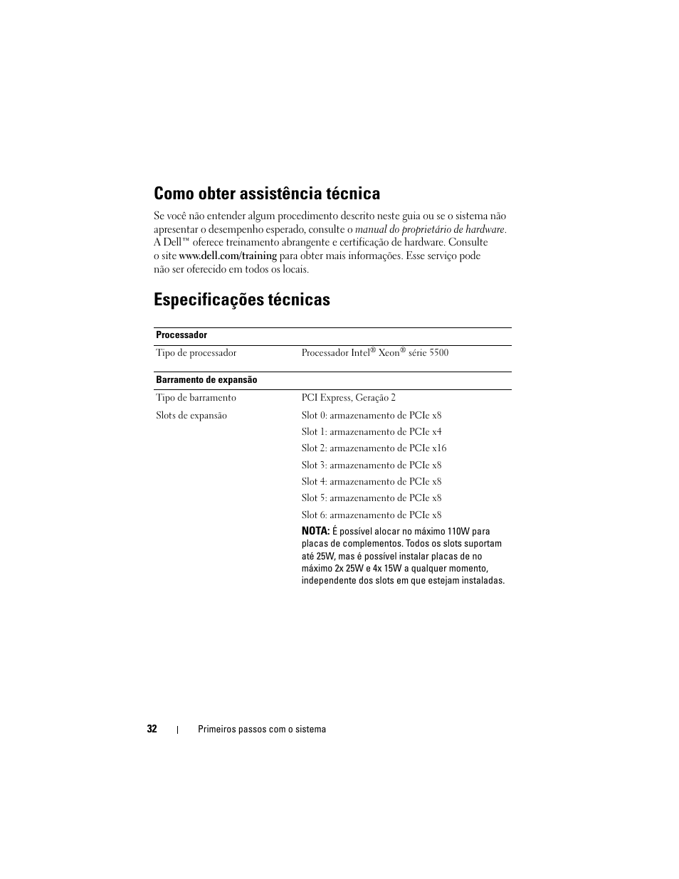 Como obter assistência técnica, Especificações técnicas | Dell PowerEdge T710 User Manual | Page 34 / 50