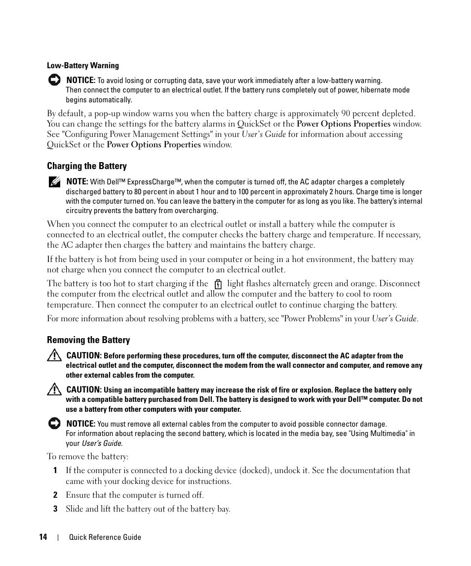 Charging the battery, Removing the battery | Dell Latitude D631 (Early 2009) User Manual | Page 14 / 94