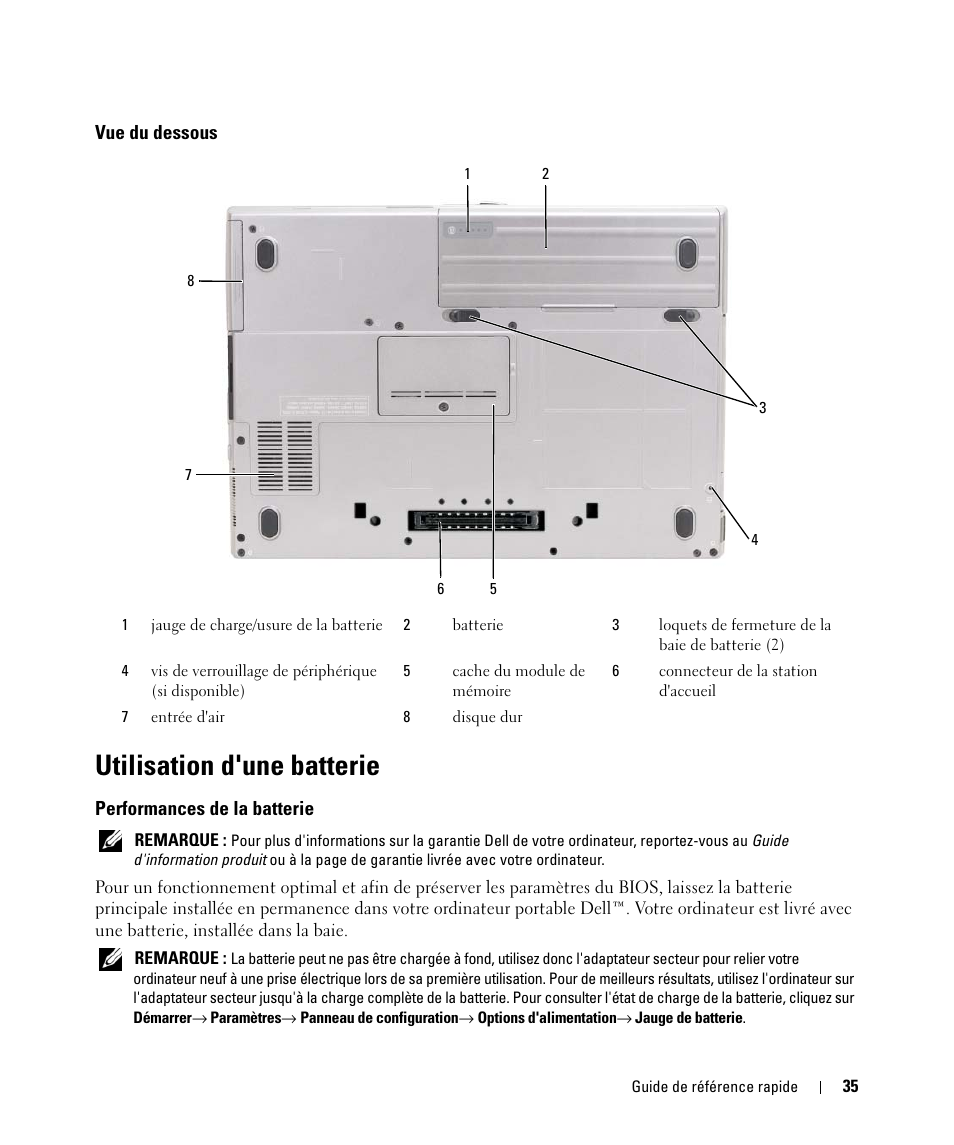 Vue du dessous, Utilisation d'une batterie, Performances de la batterie | Dell Latitude D631 (Early 2009) User Manual | Page 35 / 94