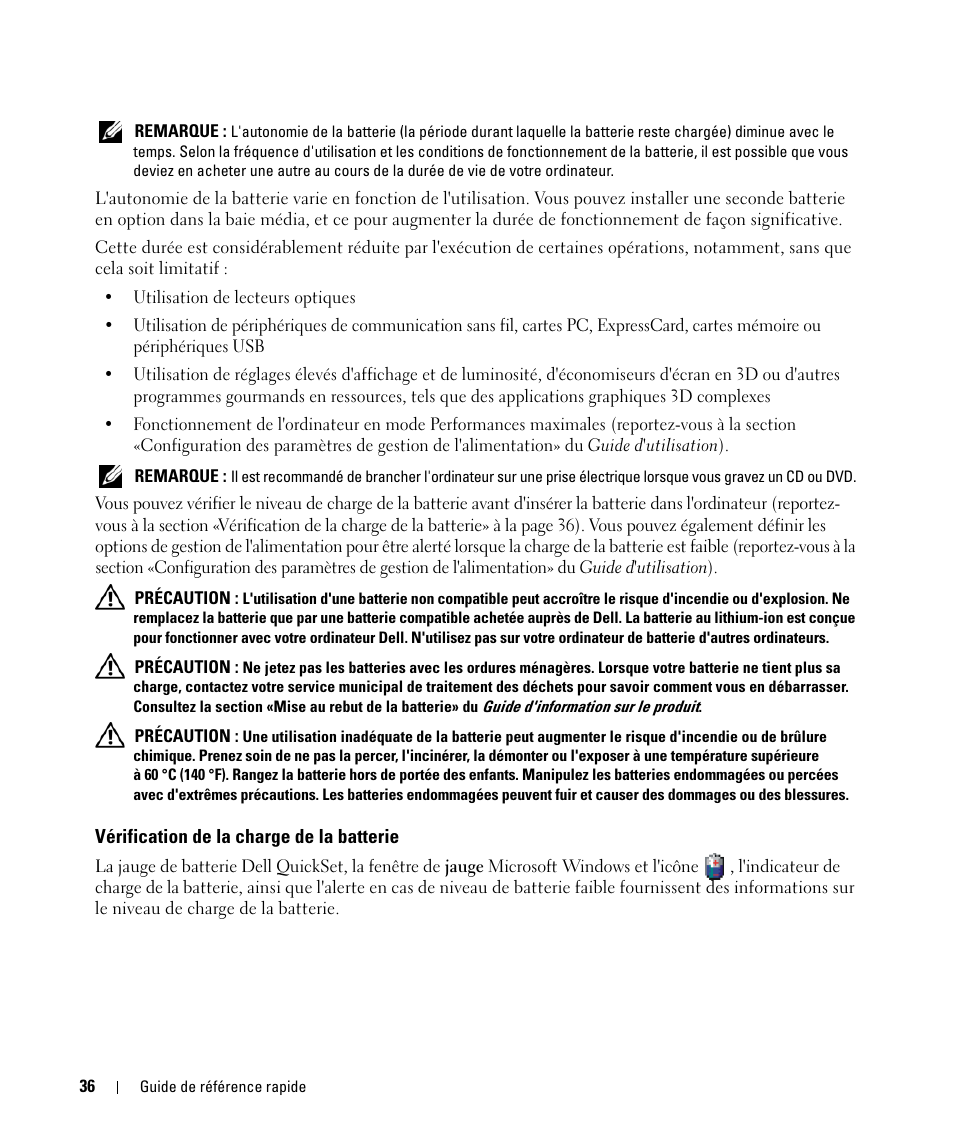 Vérification de la charge de la batterie | Dell Latitude D631 (Early 2009) User Manual | Page 36 / 94