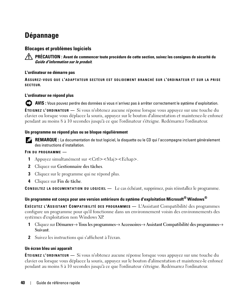 Dépannage, Blocages et problèmes logiciels | Dell Latitude D631 (Early 2009) User Manual | Page 40 / 94