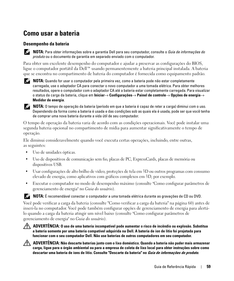 Como usar a bateria, Desempenho da bateria | Dell Latitude D631 (Early 2009) User Manual | Page 59 / 94