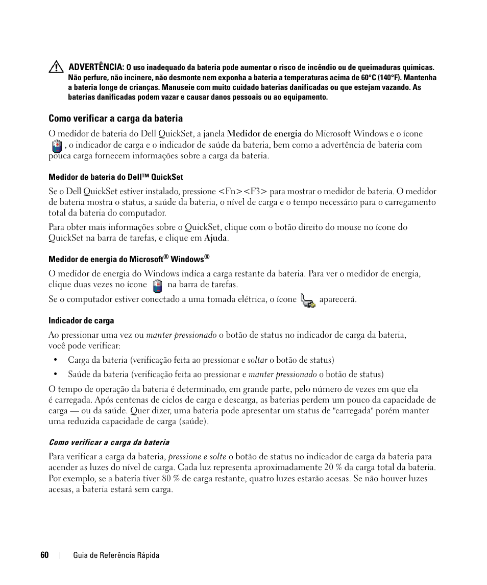 Como verificar a carga da bateria | Dell Latitude D631 (Early 2009) User Manual | Page 60 / 94