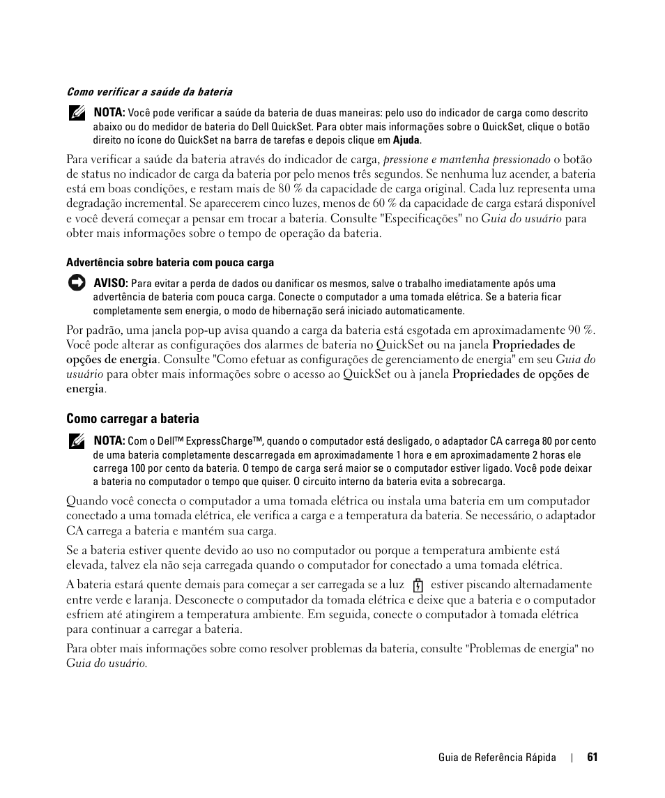 Como carregar a bateria | Dell Latitude D631 (Early 2009) User Manual | Page 61 / 94