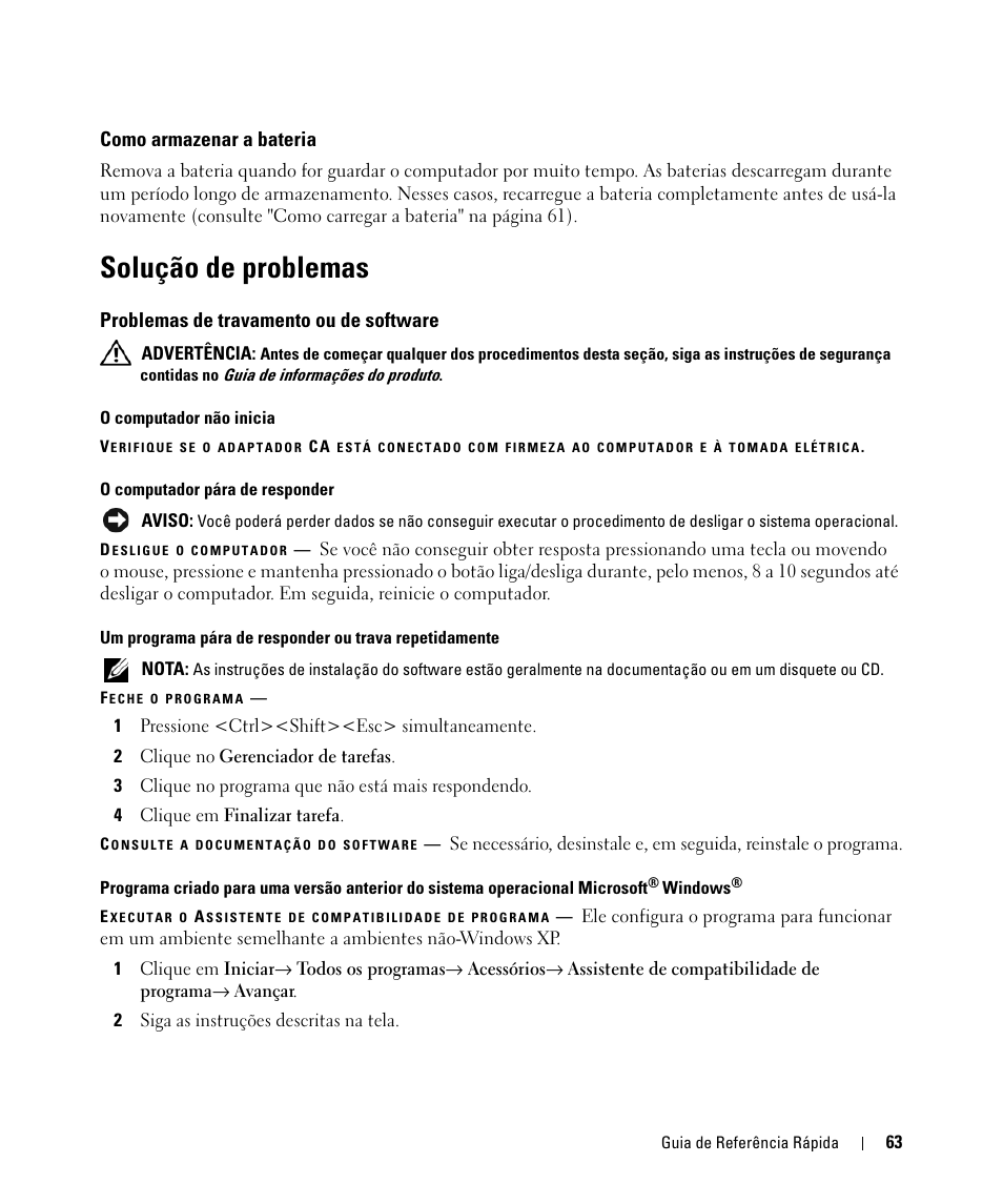 Como armazenar a bateria, Solução de problemas, Problemas de travamento ou de software | Dell Latitude D631 (Early 2009) User Manual | Page 63 / 94