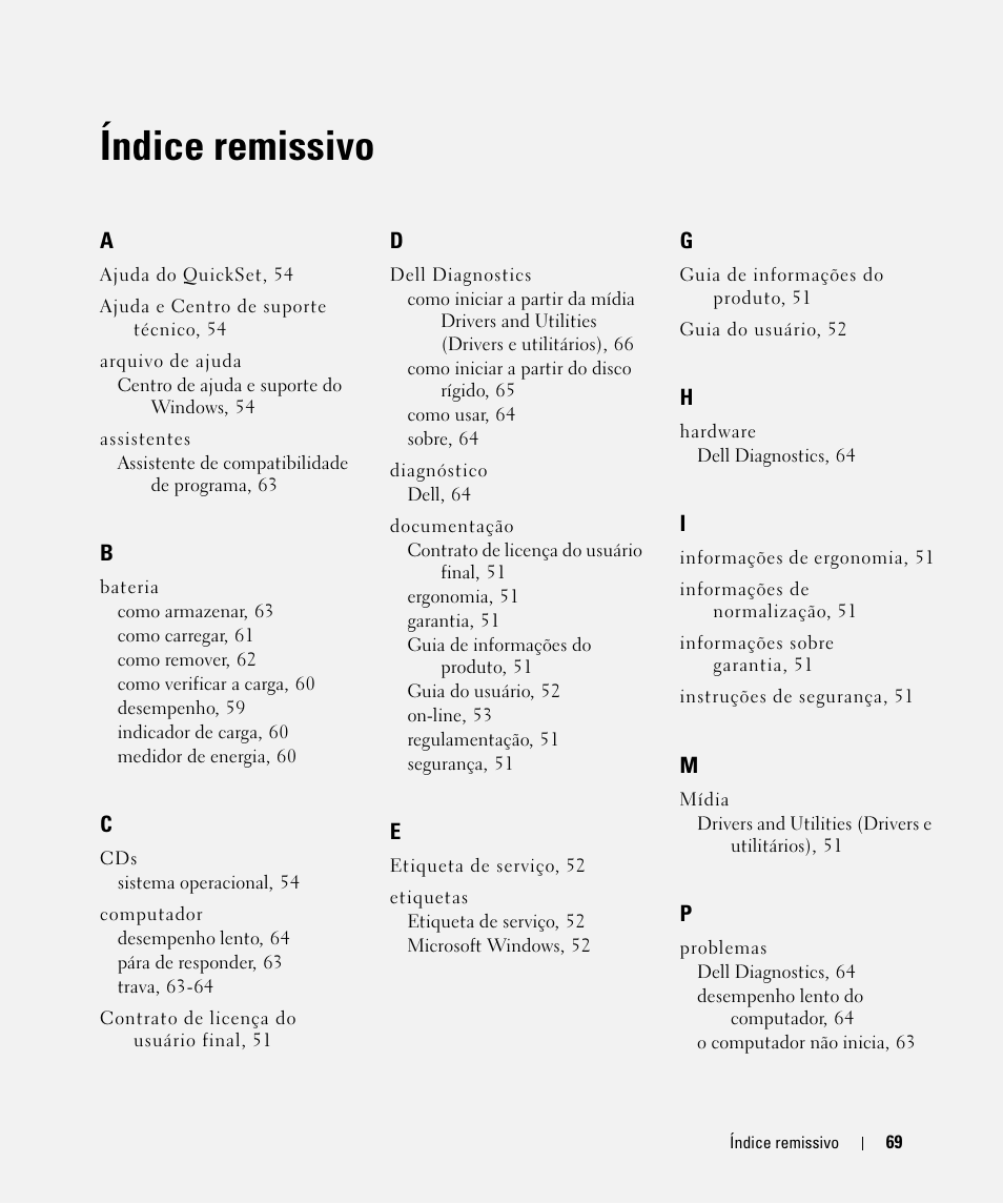 Índice remissivo | Dell Latitude D631 (Early 2009) User Manual | Page 69 / 94