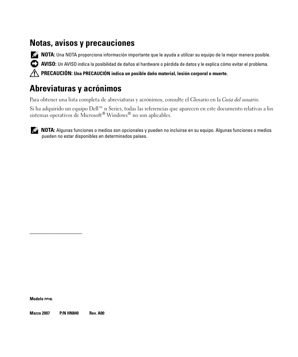 Notas, avisos y precauciones, Abreviaturas y acrónimos | Dell Latitude D631 (Early 2009) User Manual | Page 72 / 94