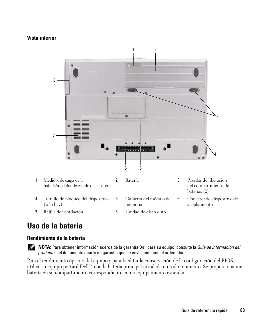 Vista inferior, Uso de la batería, Rendimiento de la batería | Dell Latitude D631 (Early 2009) User Manual | Page 83 / 94
