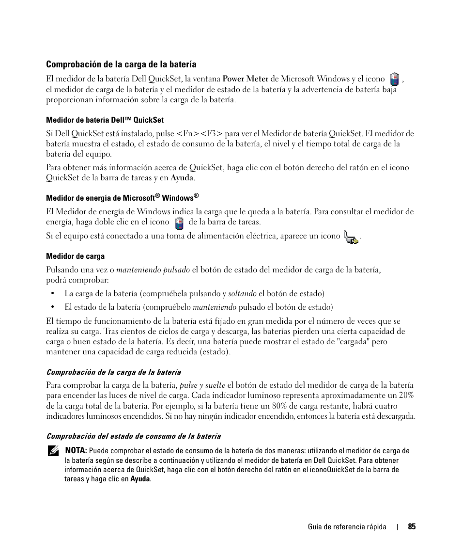 Comprobación de la carga de la batería | Dell Latitude D631 (Early 2009) User Manual | Page 85 / 94