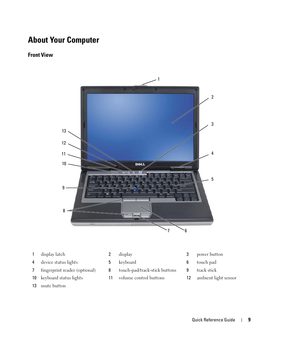 About your computer, Front view | Dell Latitude D631 (Early 2009) User Manual | Page 9 / 94