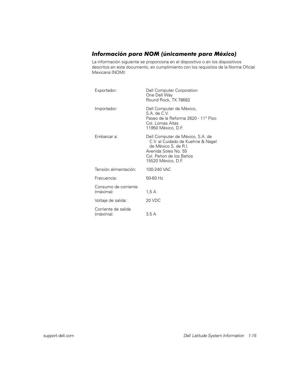 Información para nom (únicamente para méxico), Información para nom (únicamente para méxico) | Dell Latitude C800 User Manual | Page 18 / 79