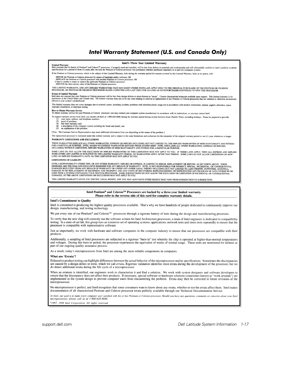 Intel warranty statement (u.s. and canada only) | Dell Latitude C800 User Manual | Page 20 / 79