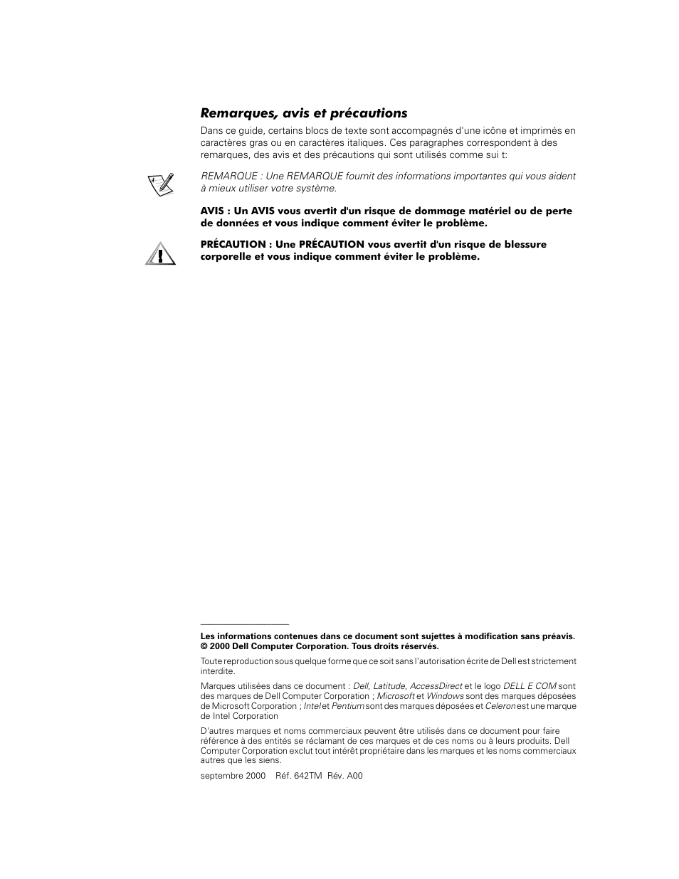 Remarques, avis et précautions | Dell Latitude C800 User Manual | Page 23 / 79