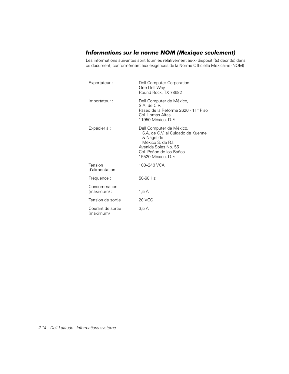 Informations sur la norme nom (mexique seulement) | Dell Latitude C800 User Manual | Page 37 / 79