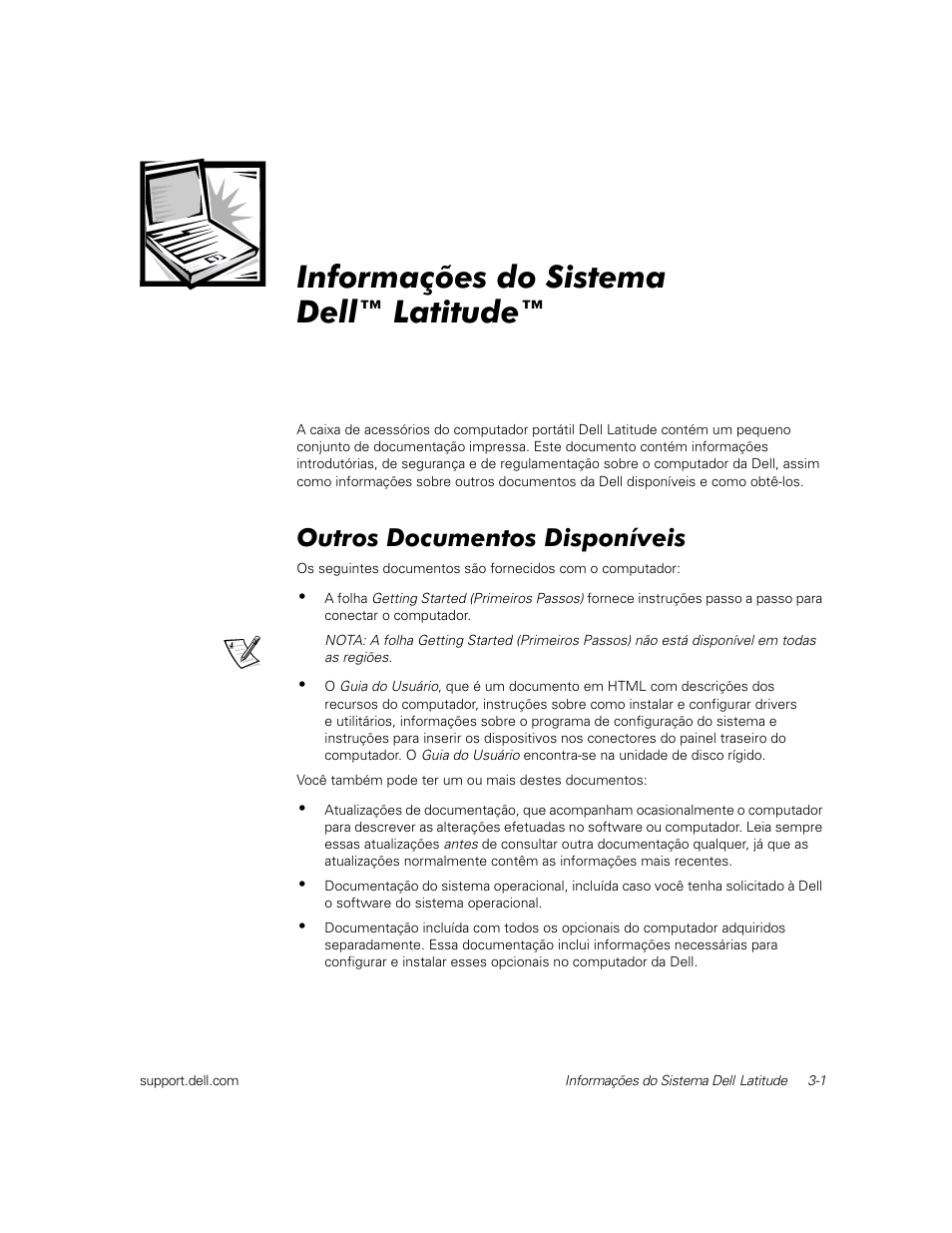 Informações do sistema dell™latitude, Outros documentos disponíveis, Informações do sistema dell™ latitude | Dell Latitude C800 User Manual | Page 44 / 79