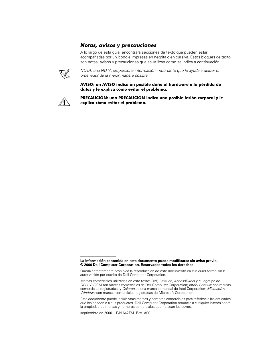 Notas, avisos y precauciones | Dell Latitude C800 User Manual | Page 63 / 79