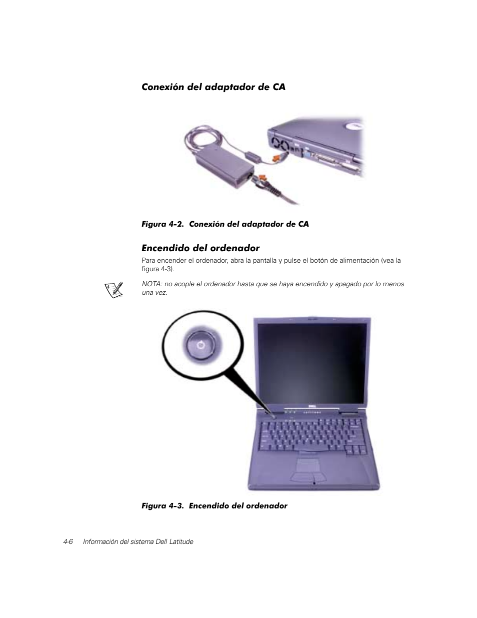 Conexión del adaptador de ca, Encendido del ordenador | Dell Latitude C800 User Manual | Page 69 / 79