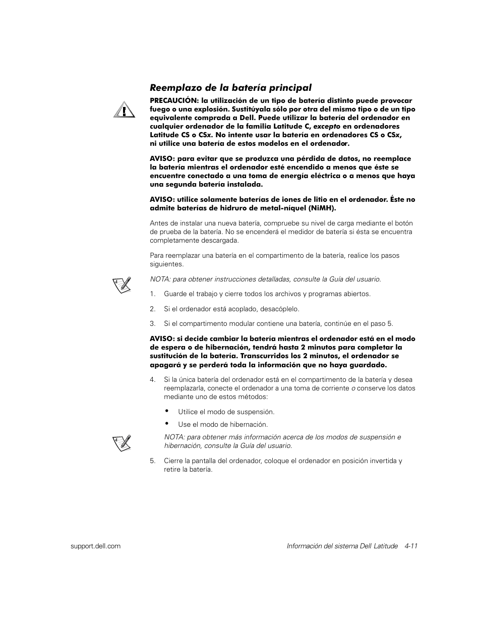 Reemplazo de la batería principal | Dell Latitude C800 User Manual | Page 74 / 79