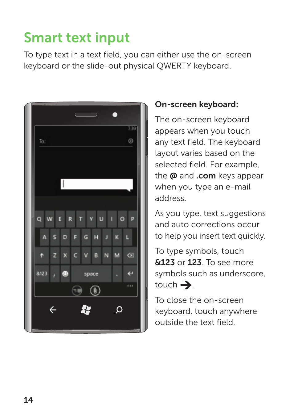 Smart text input | Dell Mobile Venue Pro User Manual | Page 18 / 104