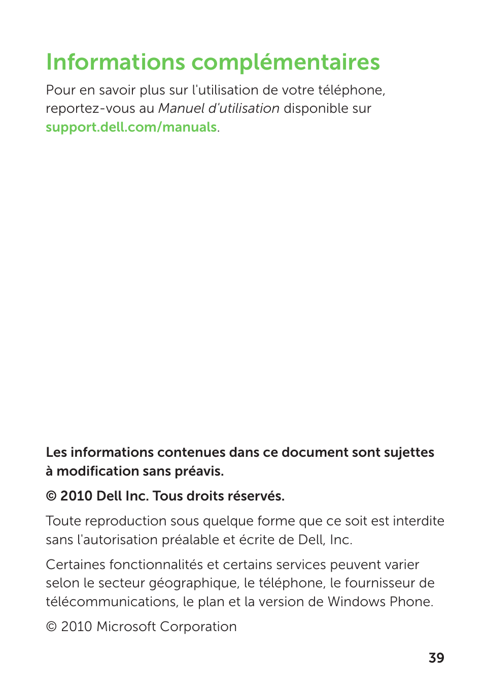 Informations complémentaires | Dell Mobile Venue Pro User Manual | Page 43 / 104