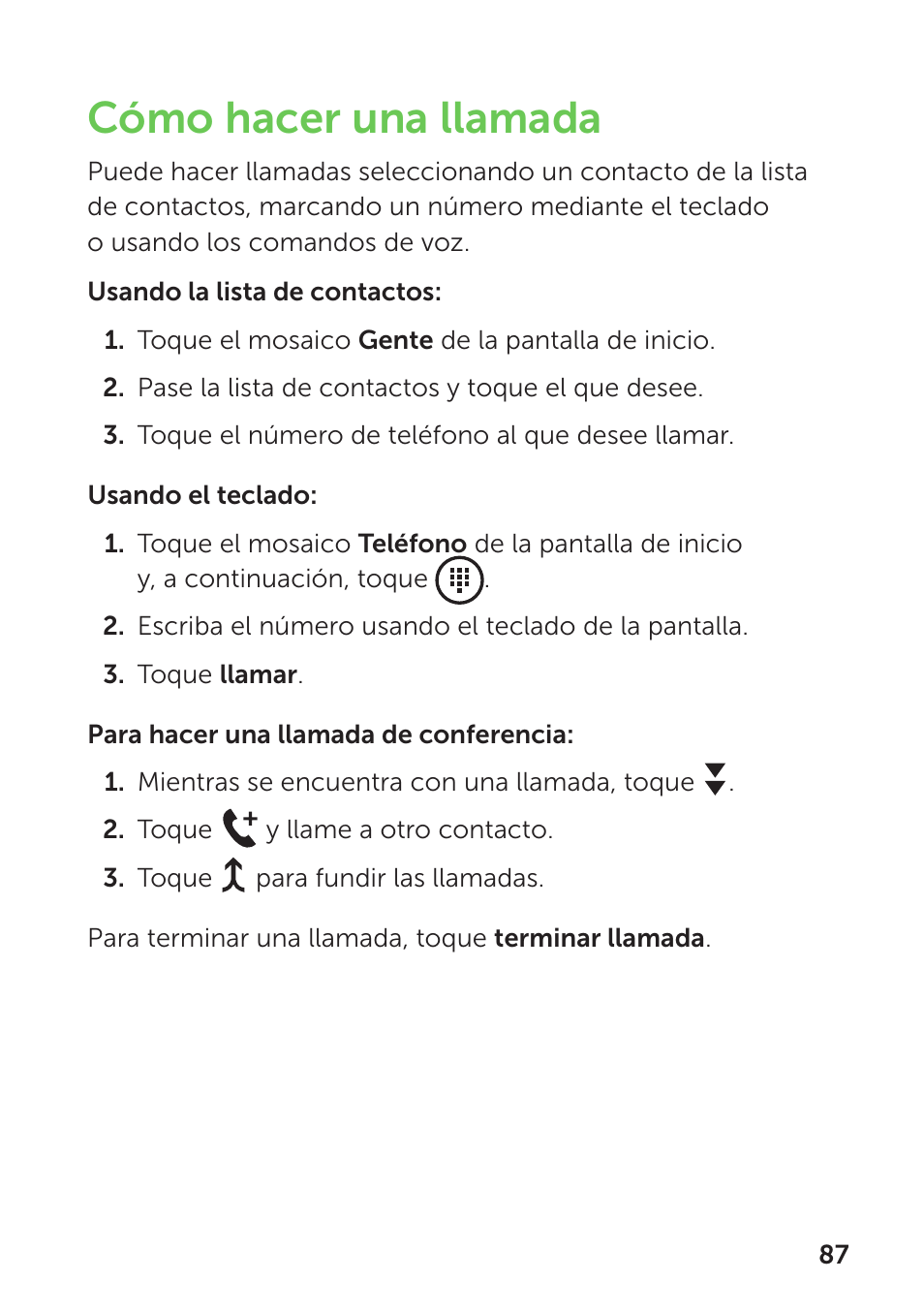 Cómo hacer una llamada | Dell Mobile Venue Pro User Manual | Page 91 / 104