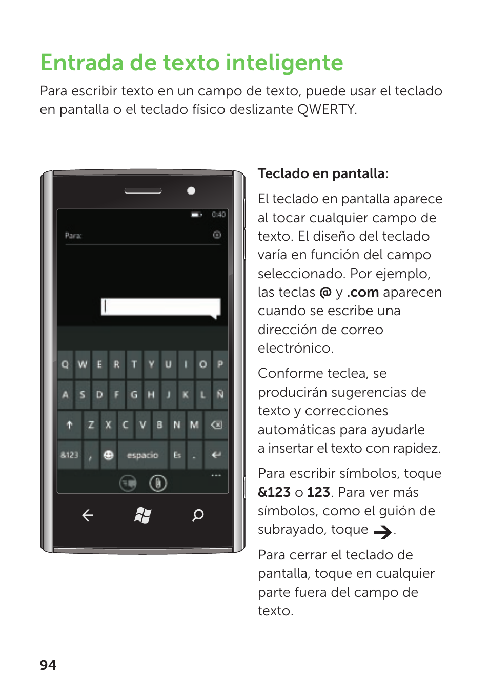 Entrada de texto inteligente | Dell Mobile Venue Pro User Manual | Page 98 / 104