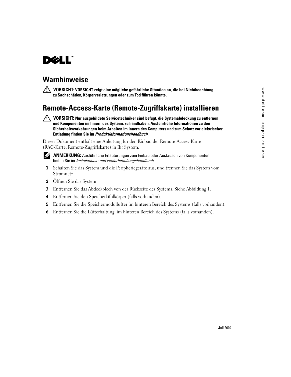 Warnhinweise | Dell PowerEdge 1850 User Manual | Page 10 / 22