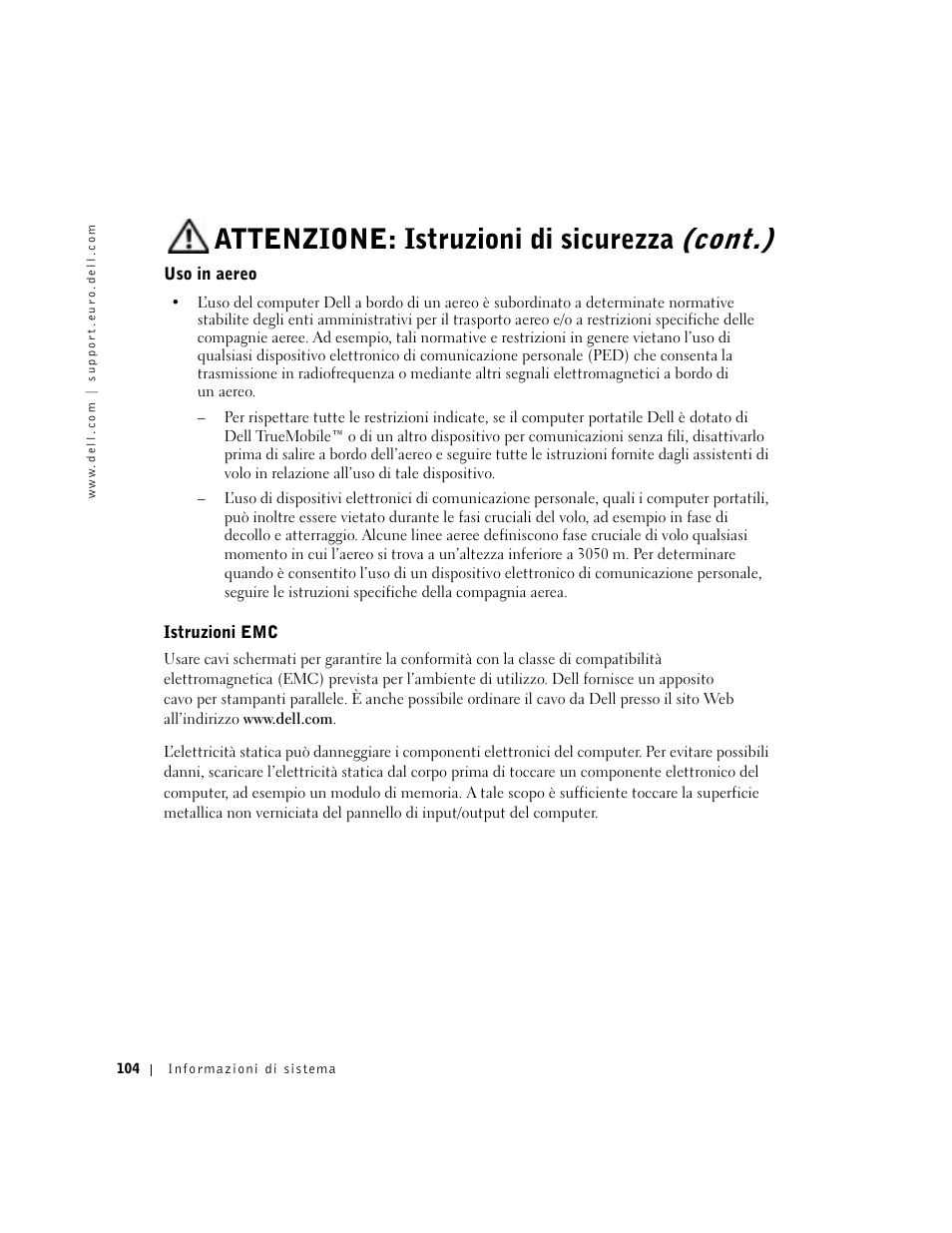 Uso in aereo, Istruzioni emc, Attenzione: istruzioni di sicurezza (cont.) | Dell Latitude C840 User Manual | Page 106 / 174