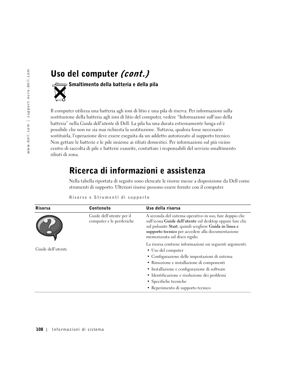 Smaltimento della batteria e della pila, Ricerca di informazioni e assistenza, Uso del computer (cont.) | Dell Latitude C840 User Manual | Page 110 / 174