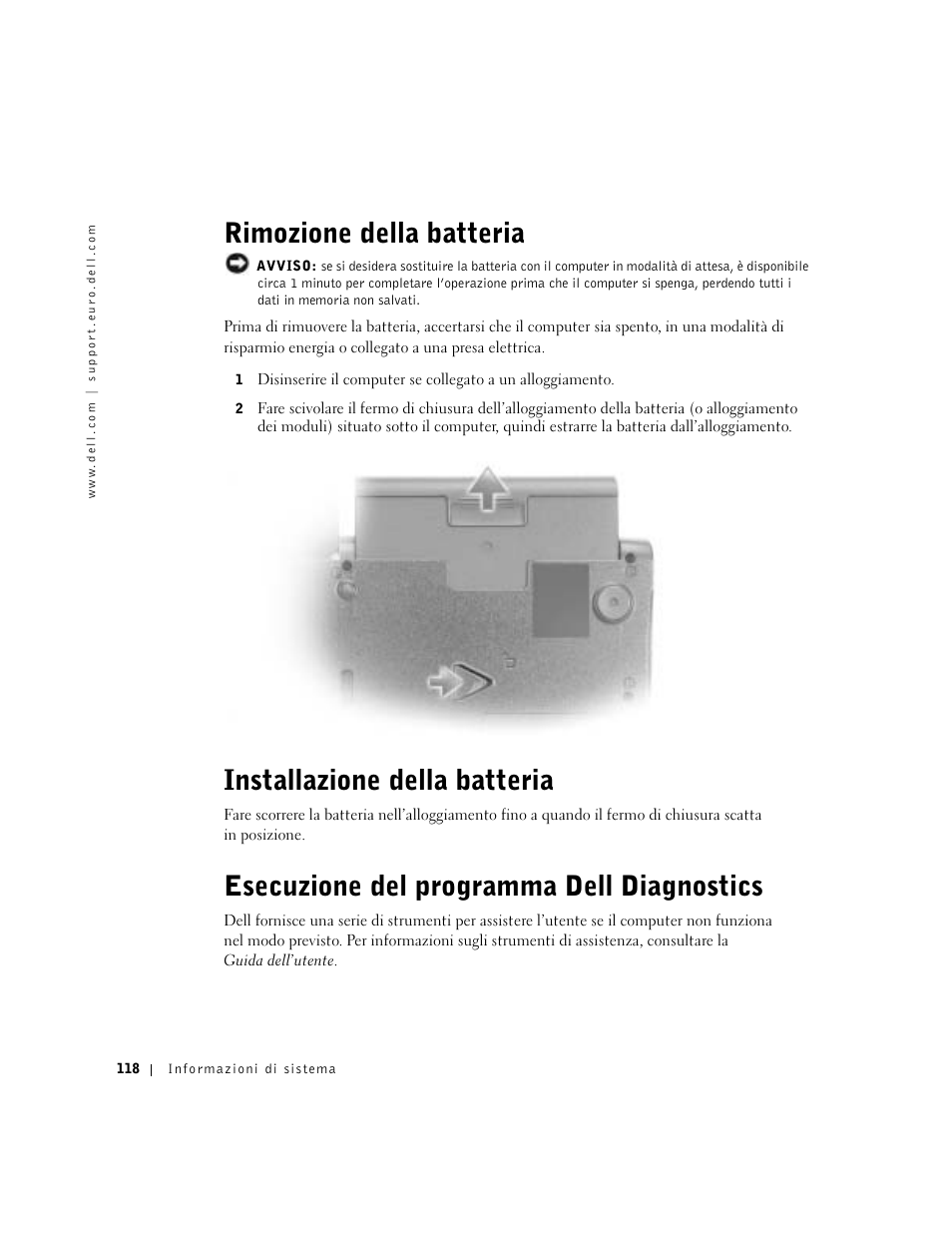 Rimozione della batteria, Installazione della batteria, Esecuzione del programma dell diagnostics | Dell Latitude C840 User Manual | Page 120 / 174