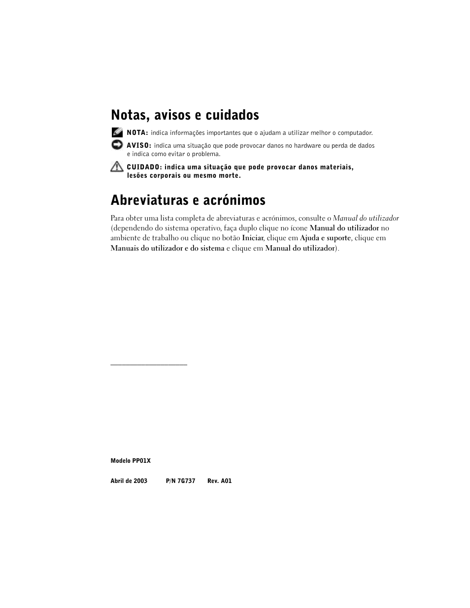 Notas, avisos e cuidados, Abreviaturas e acrónimos | Dell Latitude C840 User Manual | Page 126 / 174