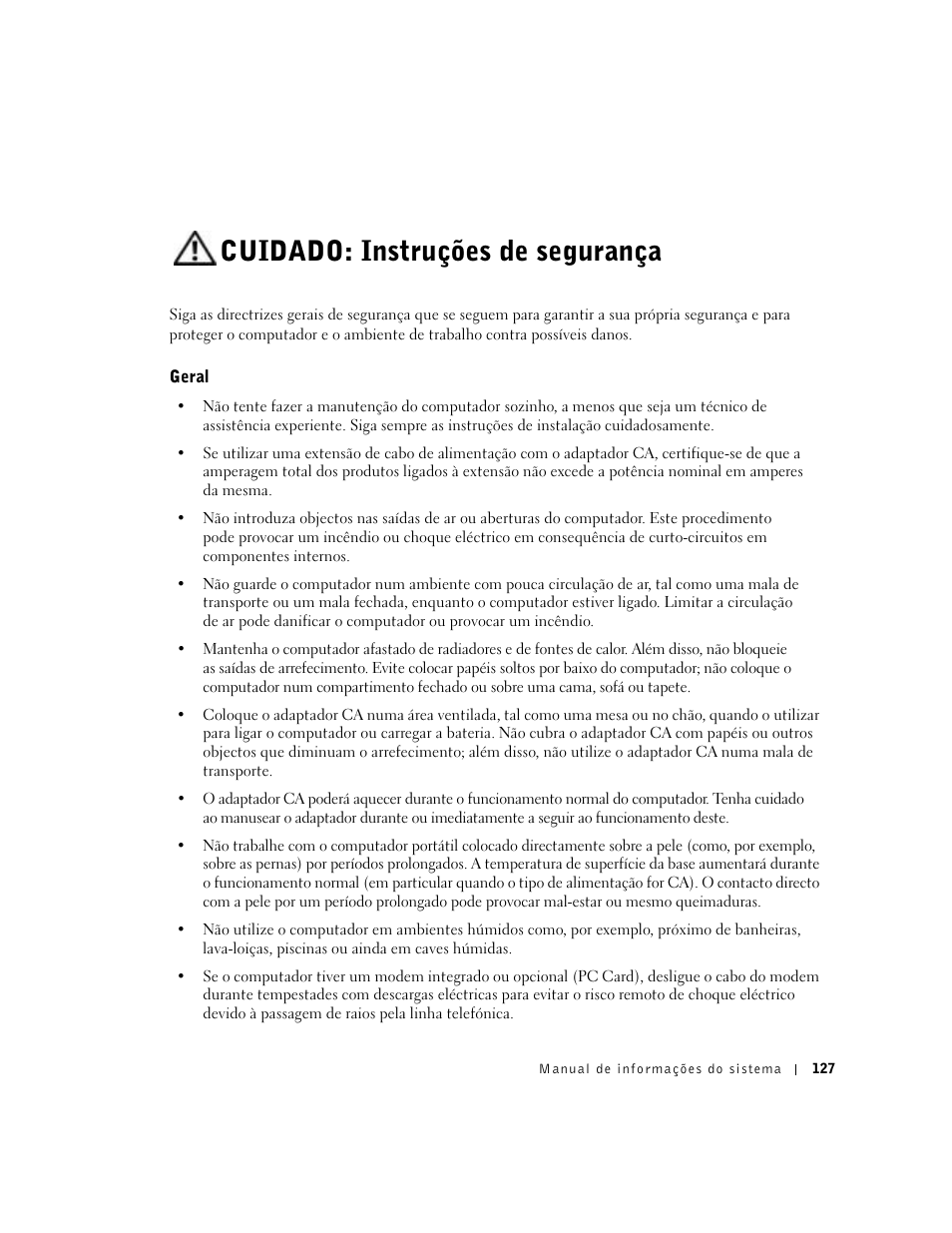 Cuidado: instruções de segurança, Geral | Dell Latitude C840 User Manual | Page 129 / 174