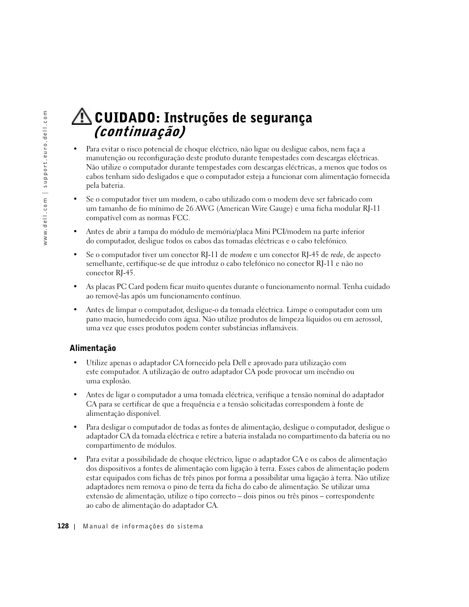 Alimentação, Cuidado: instruções de segurança (continuação) | Dell Latitude C840 User Manual | Page 130 / 174