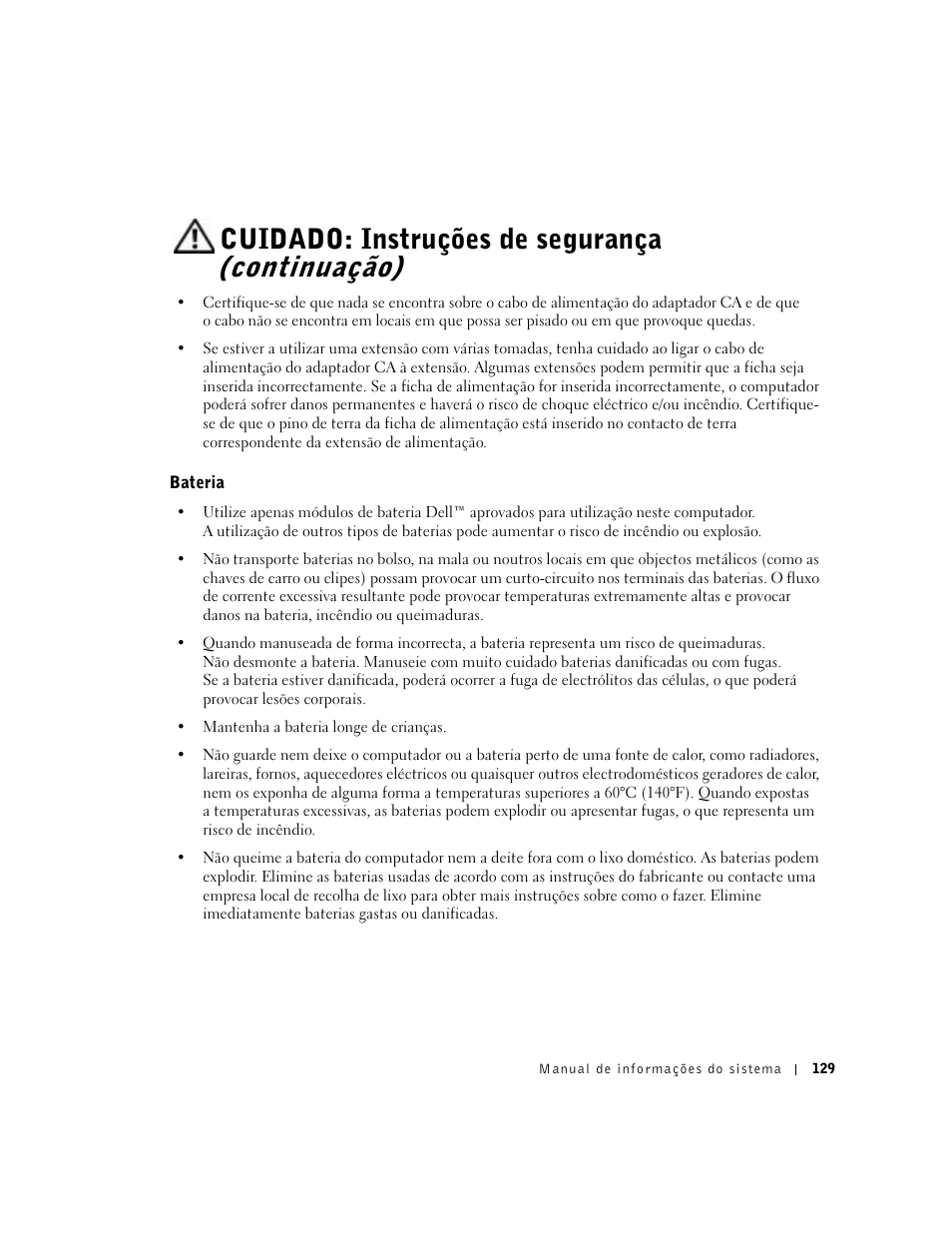 Bateria, Cuidado: instruções de segurança (continuação) | Dell Latitude C840 User Manual | Page 131 / 174