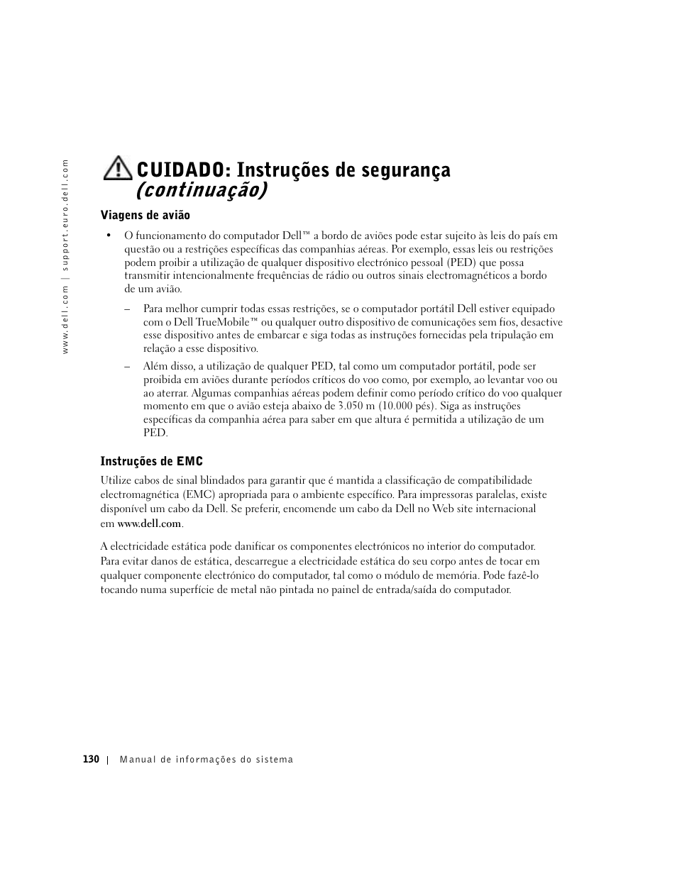 Viagens de avião, Instruções de emc, Cuidado: instruções de segurança (continuação) | Dell Latitude C840 User Manual | Page 132 / 174