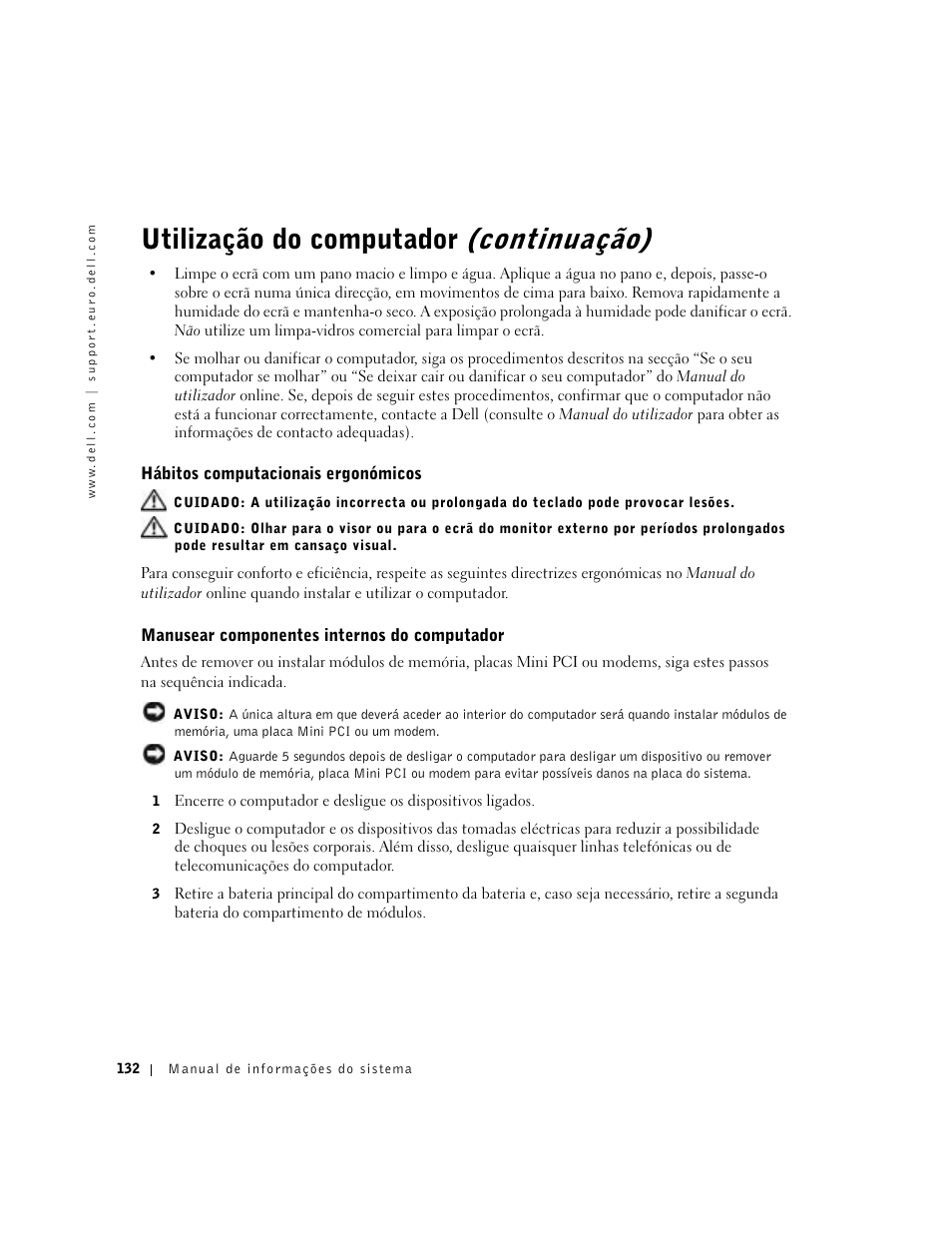 Hábitos computacionais ergonómicos, Manusear componentes internos do computador, Utilização do computador (continuação) | Dell Latitude C840 User Manual | Page 134 / 174