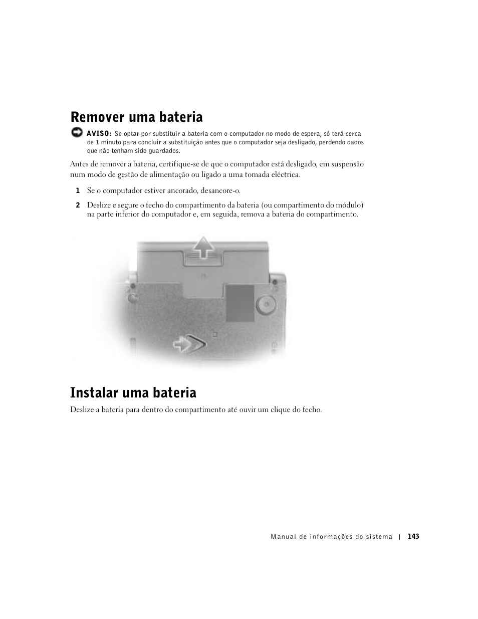 Remover uma bateria, Instalar uma bateria | Dell Latitude C840 User Manual | Page 145 / 174