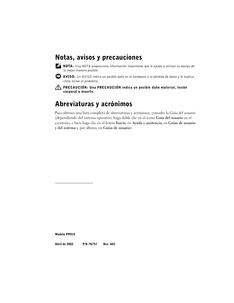 Notas, avisos y precauciones, Abreviaturas y acrónimos | Dell Latitude C840 User Manual | Page 150 / 174