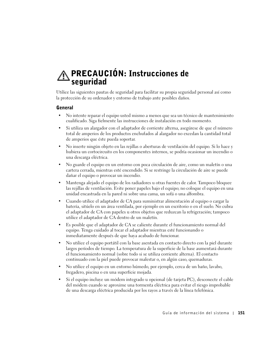 Precaución: instrucciones de seguridad, General | Dell Latitude C840 User Manual | Page 153 / 174