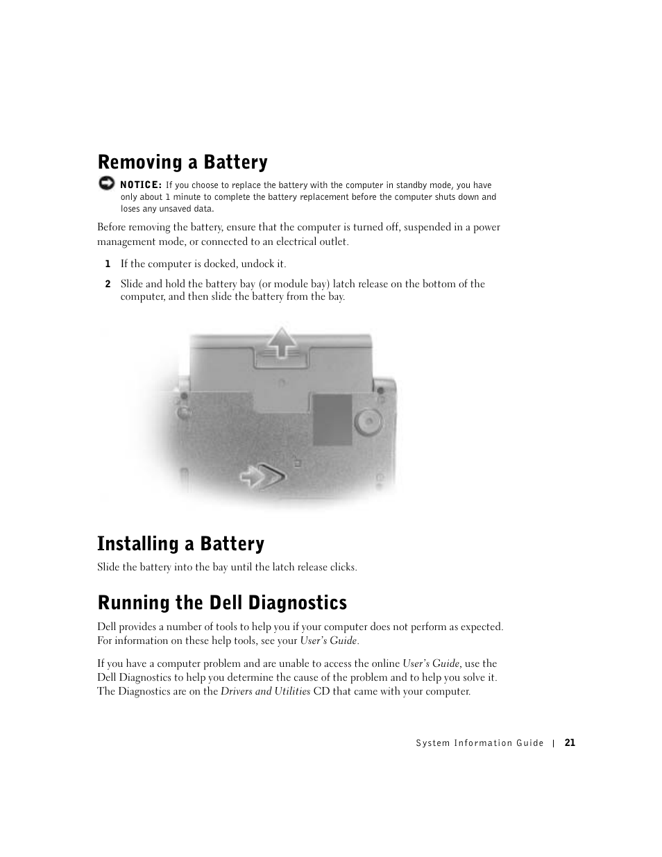 Removing a battery, Installing a battery, Running the dell diagnostics | Dell Latitude C840 User Manual | Page 23 / 174