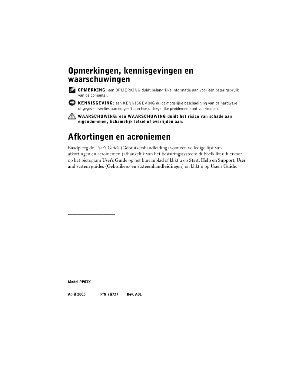 Opmerkingen, kennisgevingen en waarschuwingen, Afkortingen en acroniemen | Dell Latitude C840 User Manual | Page 28 / 174