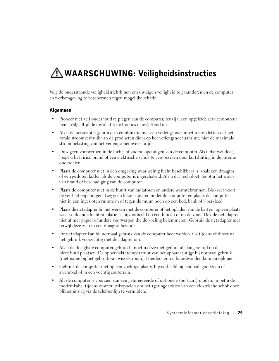 Waarschuwing: veiligheidsinstructies, Algemeen | Dell Latitude C840 User Manual | Page 31 / 174