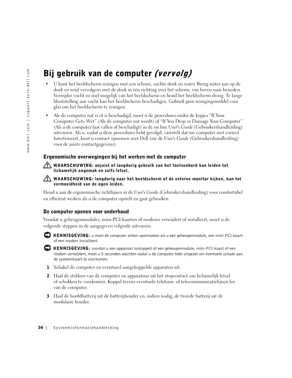 De computer openen voor onderhoud, Bij gebruik van de computer (vervolg) | Dell Latitude C840 User Manual | Page 36 / 174