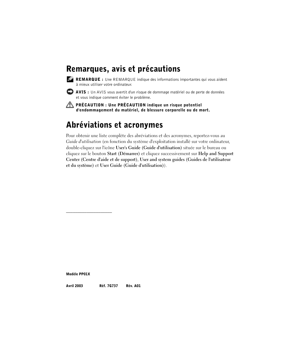 Remarques, avis et précautions, Abréviations et acronymes | Dell Latitude C840 User Manual | Page 52 / 174