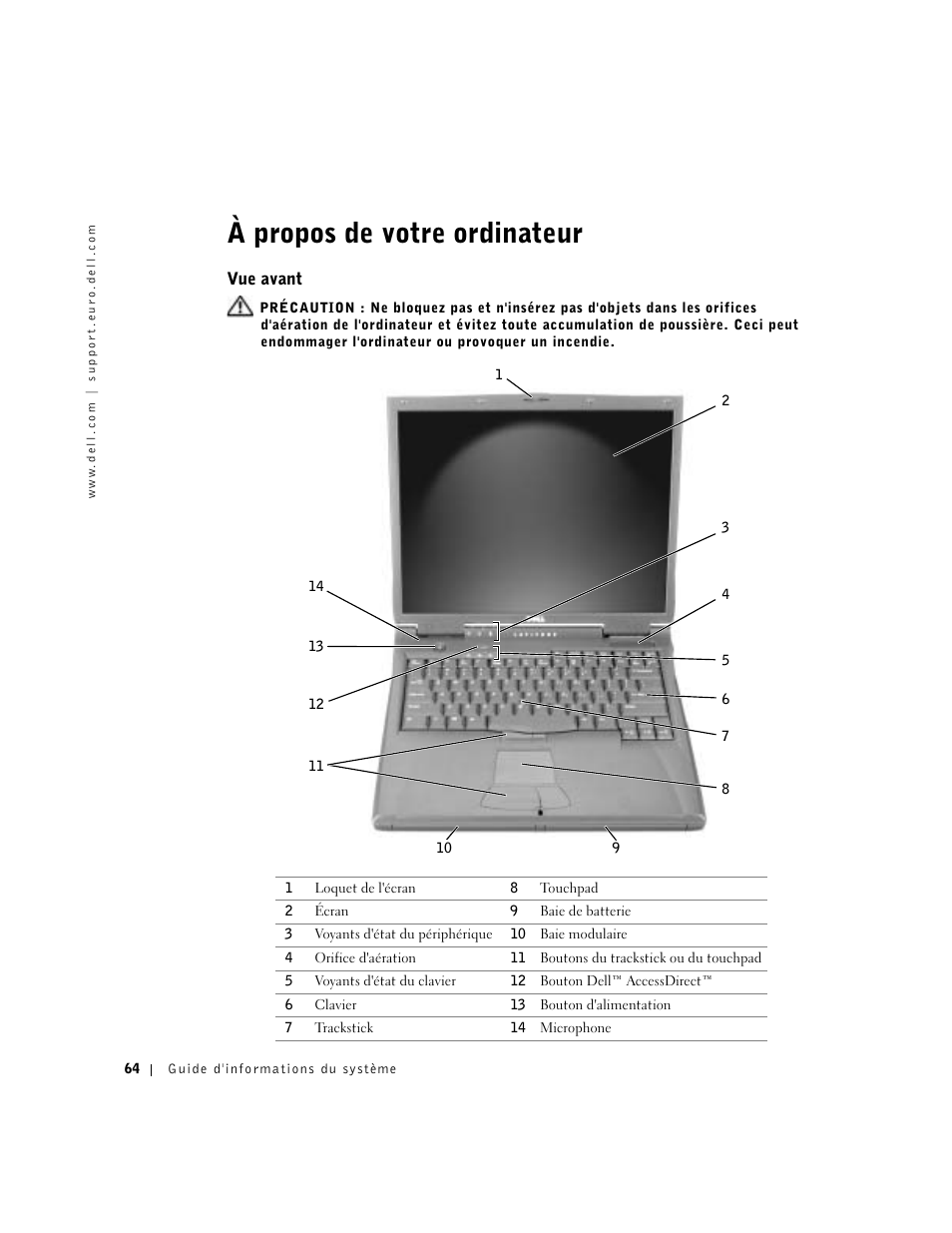 À propos de votre ordinateur, Vue avant | Dell Latitude C840 User Manual | Page 66 / 174